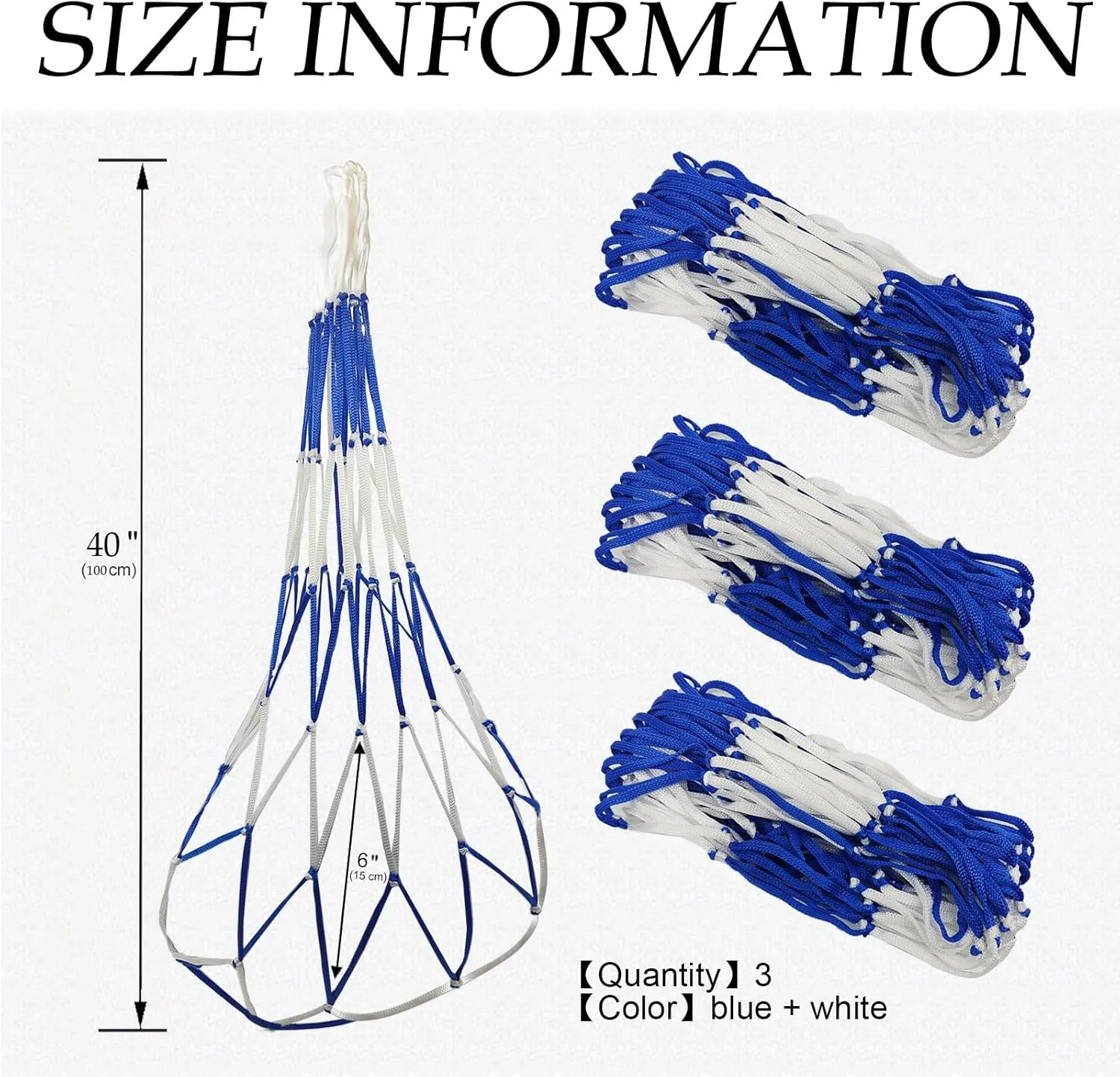 3 PCS Slow Feed Hay Bag Hay Net for Horses,Goats,Sheep,Donkey 40 Inch Length with 6 x 6”Mesh Holes Livestock Supplies Hanging Hay Nets for Trailer and Stall (Blue White)