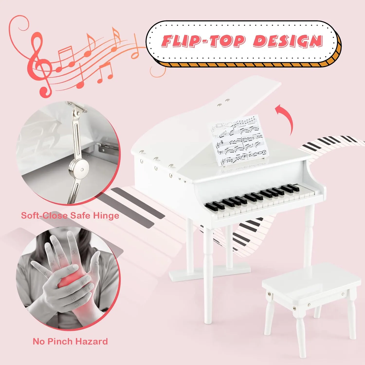 30-Key Kids Classic Piano Musical Instrument, Electronic Kids Keyboard w/ Piano Lid, Bench, Safe Hinge & Detachable Music Stand for Kids 3 Years , Black/Pink/White (White)