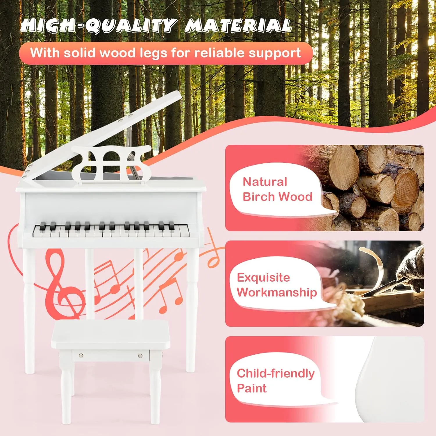 30-Key Kids Classic Piano Musical Instrument, Electronic Kids Keyboard w/ Piano Lid, Bench, Safe Hinge & Detachable Music Stand for Kids 3 Years , Black/Pink/White (White)