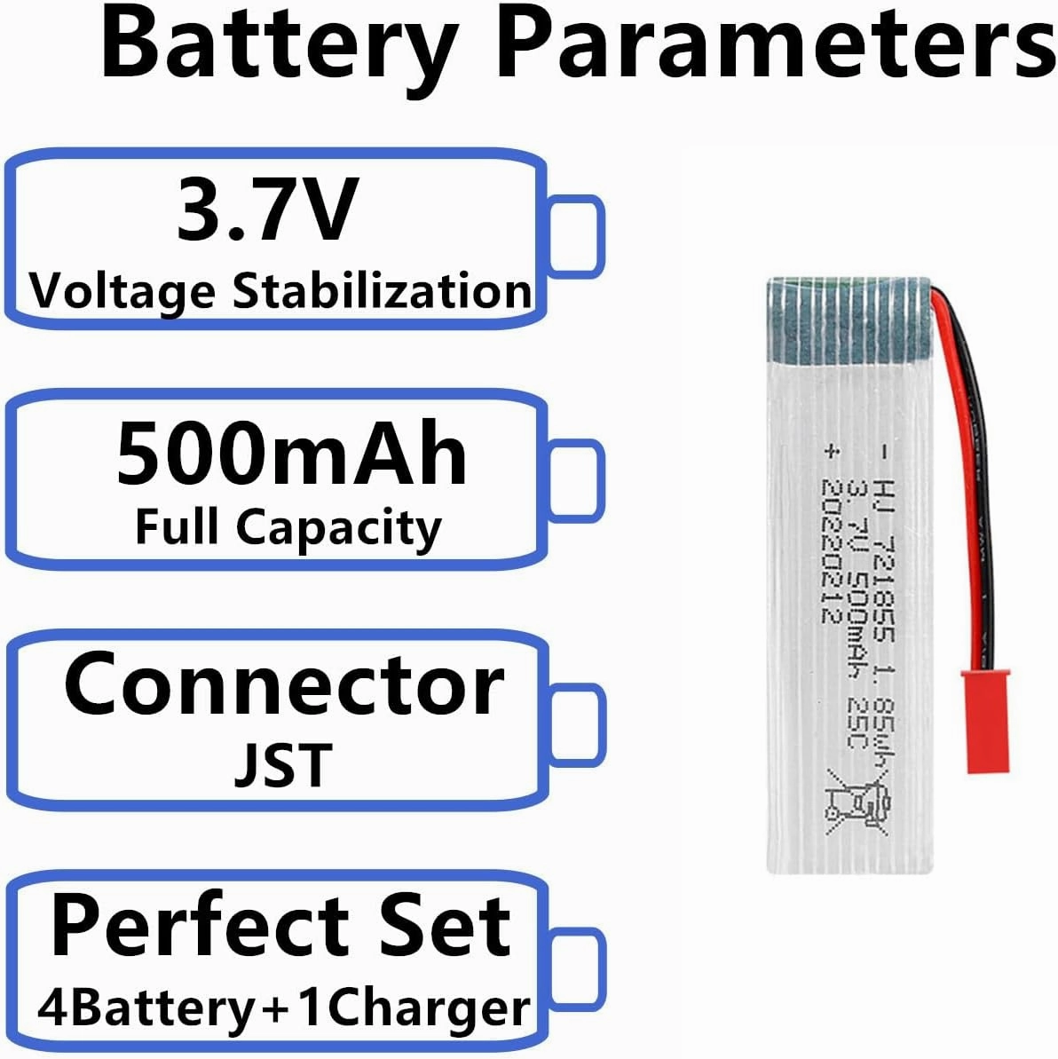 3.7V 500mah Lipo Battery with JST Plug for UDI U818A U818 V959 V222 V929 RC Helicopter Spare Part 4 Pack with 6-in-1 Smart Battery Charger