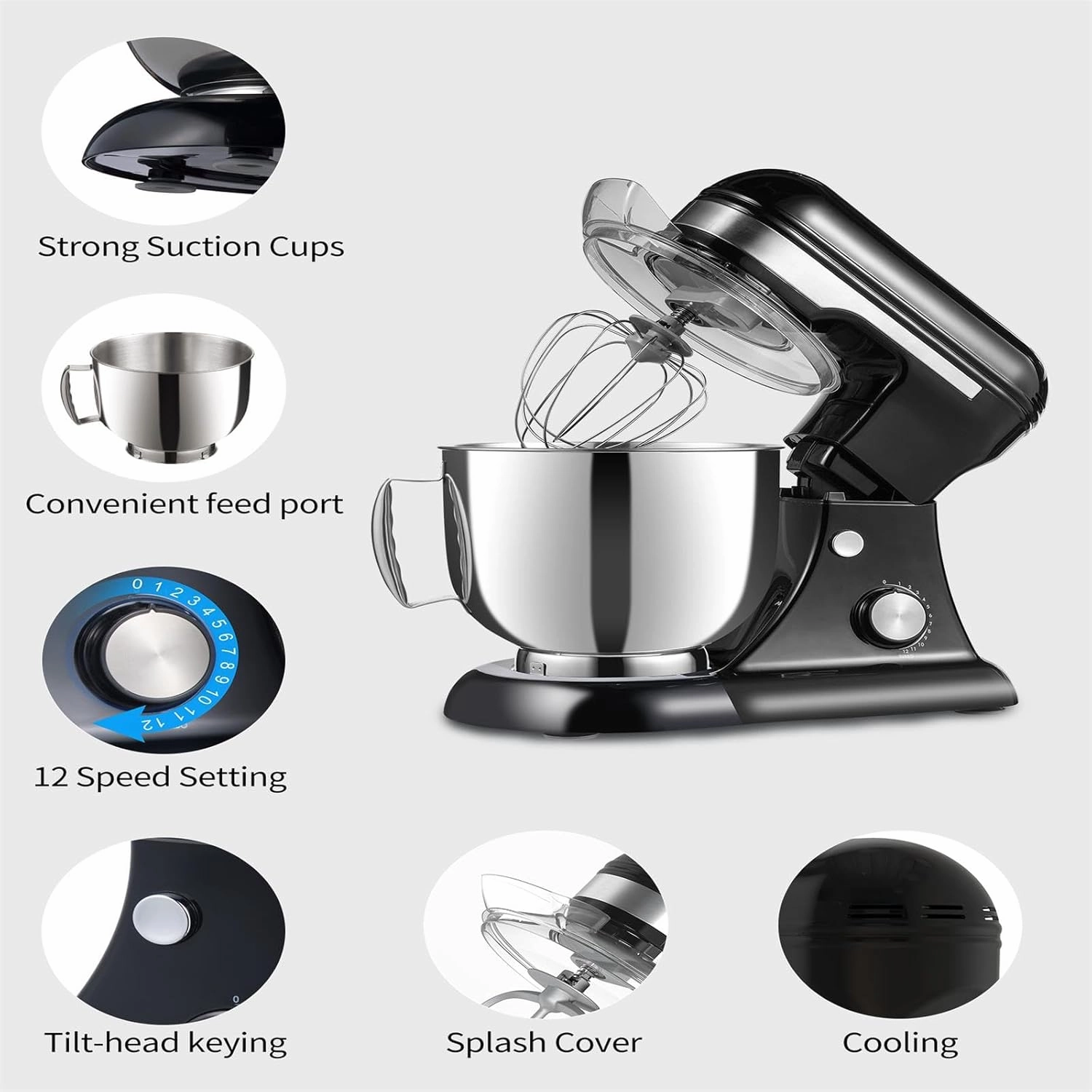 3-IN-1 Electric Stand Mixer, 5.3QT Bowl 12-Speed Kitchen Mixer, Household Food Mixers include Dough Hook, Beater and Whisk, Bread Cake Mixer for Baking and Most Home Cooks,（YM609 Black）