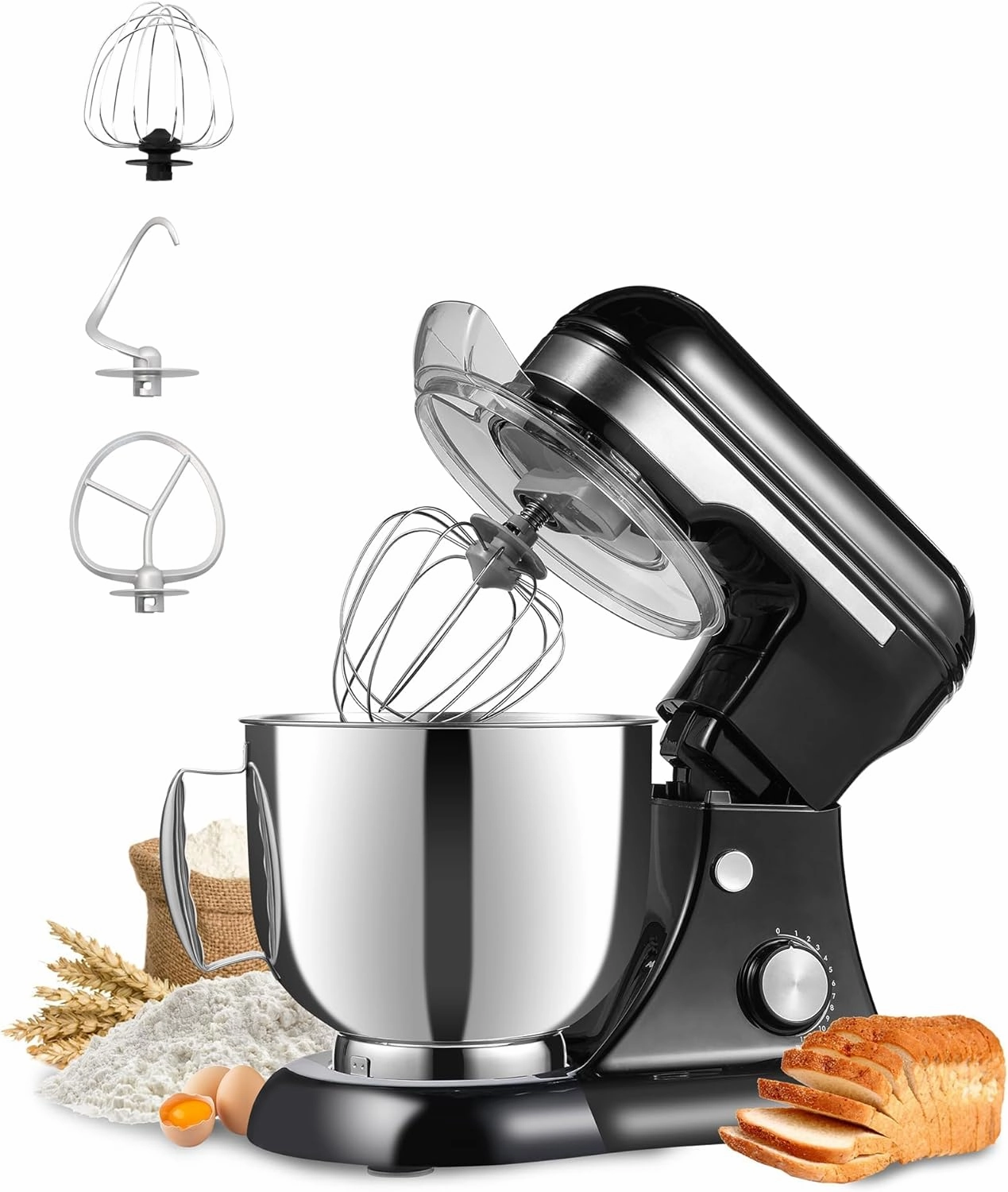 3-IN-1 Electric Stand Mixer, 5.3QT Bowl 12-Speed Kitchen Mixer, Household Food Mixers include Dough Hook, Beater and Whisk, Bread Cake Mixer for Baking and Most Home Cooks,（YM609 Black）