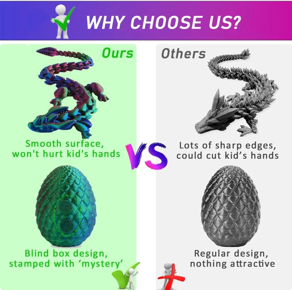 3D Printed Dragon Egg Fidget Toy, 12 Inch Crystal Dragon, Full Articulated, Adults Fidget Toy for Autism ADHD (Laser Purple-Green)