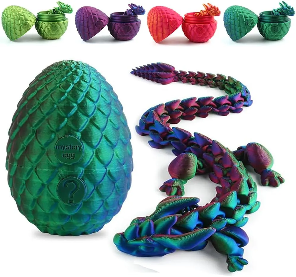 3D Printed Dragon Egg Fidget Toy, 12 Inch Crystal Dragon, Full Articulated, Adults Fidget Toy for Autism ADHD (Laser Purple-Green)