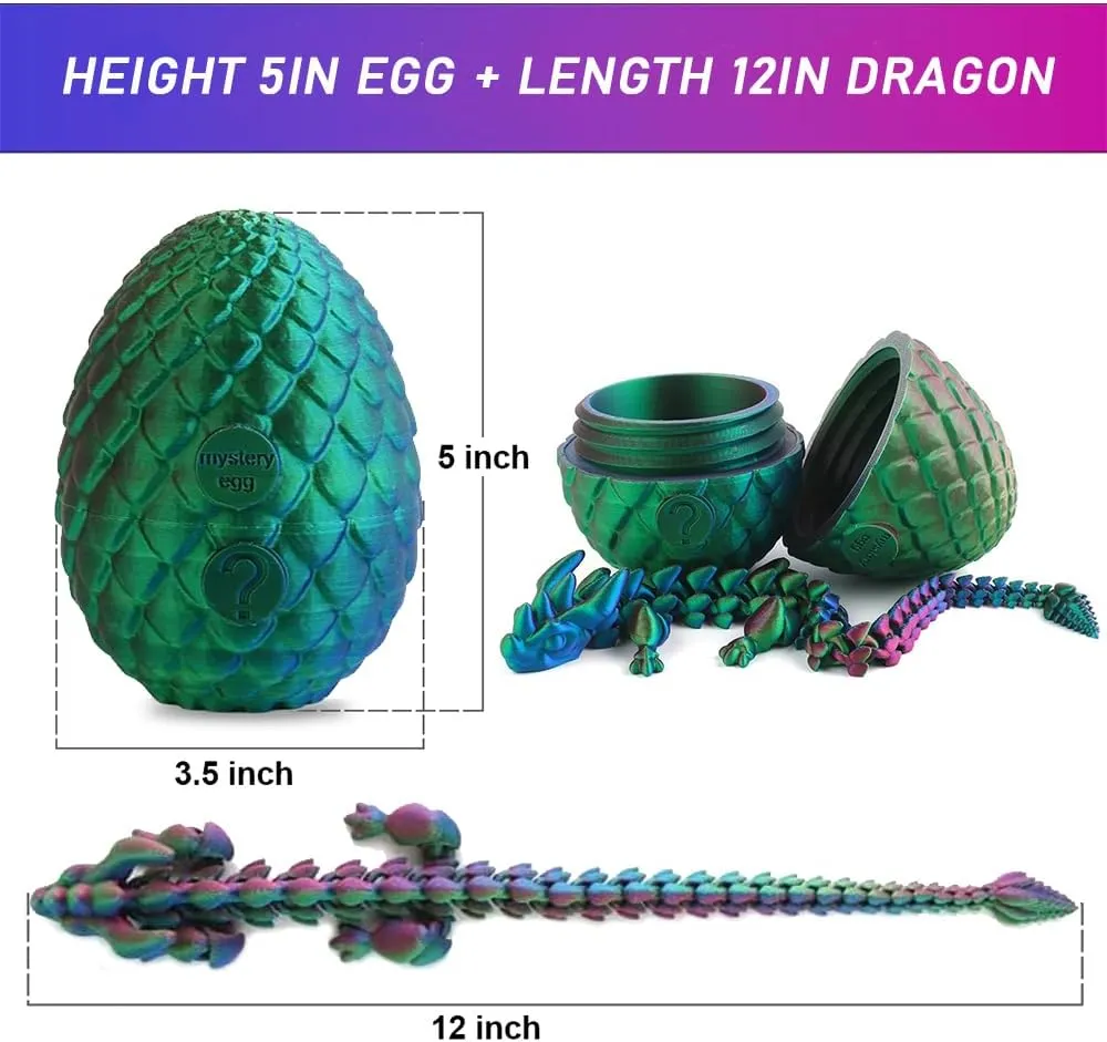 3D Printed Dragon Egg Fidget Toy, 12 Inch Crystal Dragon, Full Articulated, Adults Fidget Toy for Autism ADHD (Laser Purple-Green)