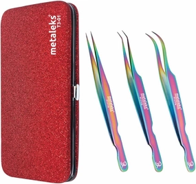 3PCS Eyelash Tweezers Set with Multi Titanium Coated & Glitter Red Magnetic Pouch.