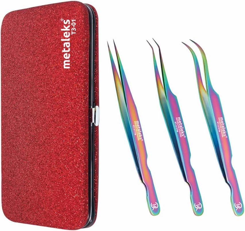 3PCS Eyelash Tweezers Set with Multi Titanium Coated & Glitter Red Magnetic Pouch.