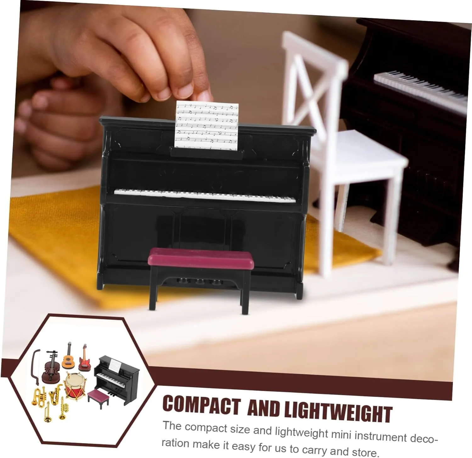 3sets Miniature Musical Instrument Realistic Piano Violin and Drum Dollhouse Accessories Design for Home Decoration and Mini Scenes Reusable Props
