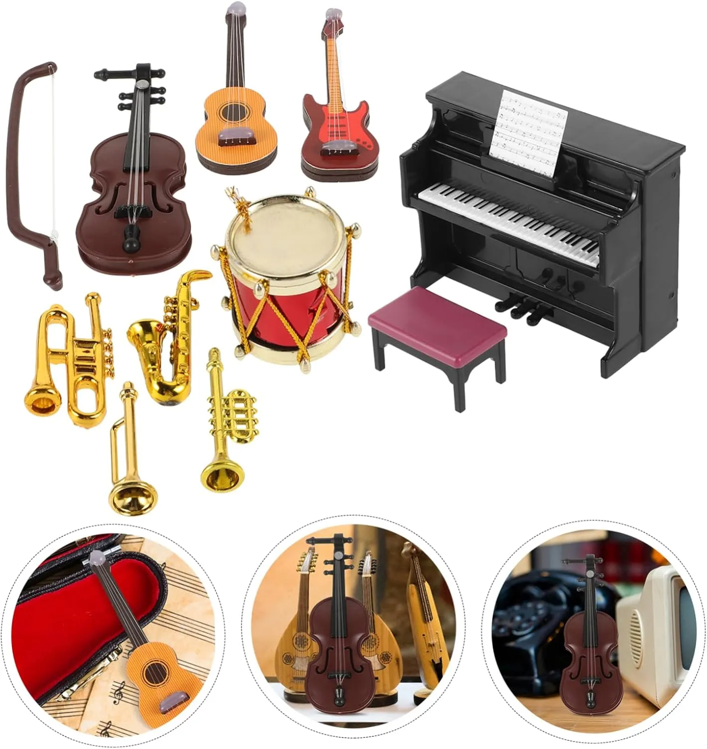 3sets Miniature Musical Instrument Realistic Piano Violin and Drum Dollhouse Accessories Design for Home Decoration and Mini Scenes Reusable Props
