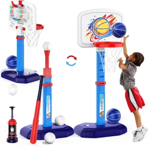 4 in 1 Kids Basketball Hoop and T Ball Set & Ring Toss Game Blue&Pink