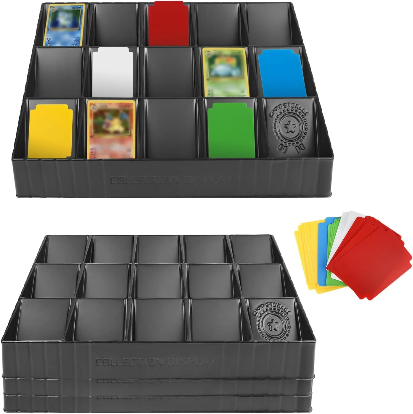 4 Pack Card Sorting Tray, Stackable Trading Card Organizer, 15-Compartment Cards Sorter with 40 Label Dividers for Storing and Displaying Collections Cards