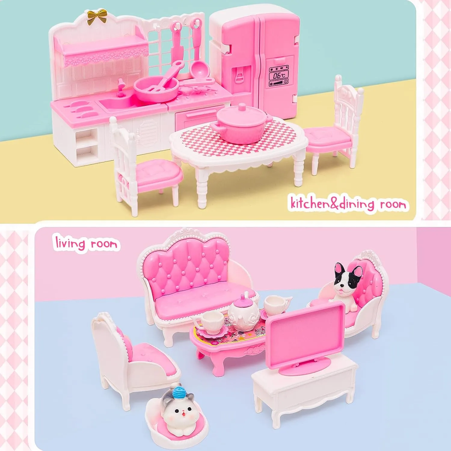 45 Pcs Dollhouse Furniture Set Accessories Doll House Mini Furniture Pretend Play Bedroom Living Room Bathroom Kitchen for Kids Birthday and Christmas Pink