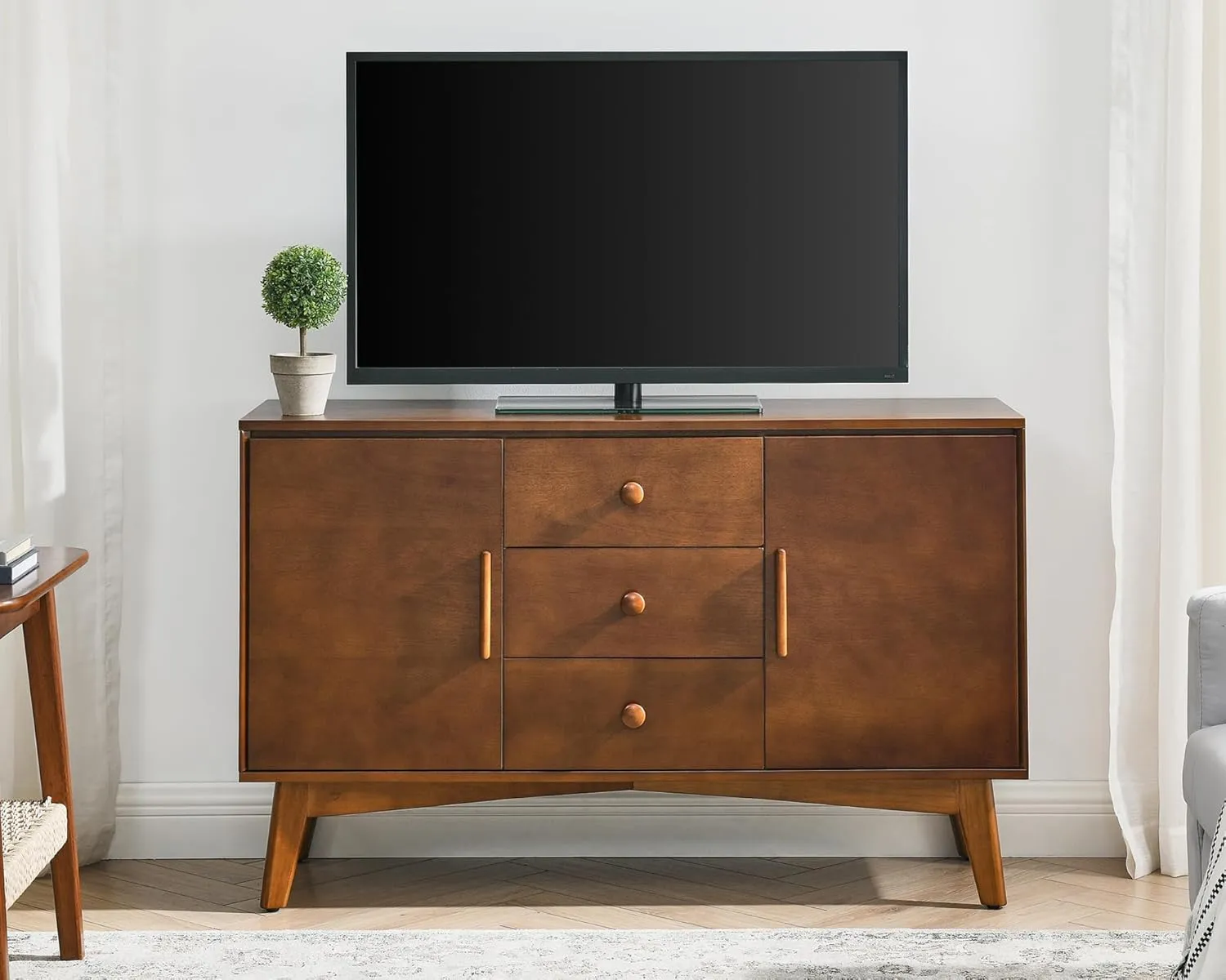 47.3" Mid Century Modern Sideboard Buffet Cabinet with Solid Wood Frame&Legs,Accent Storage Cabinet with 2 Doors and 3 Drawers for Kitchen,Entryway,Walnut