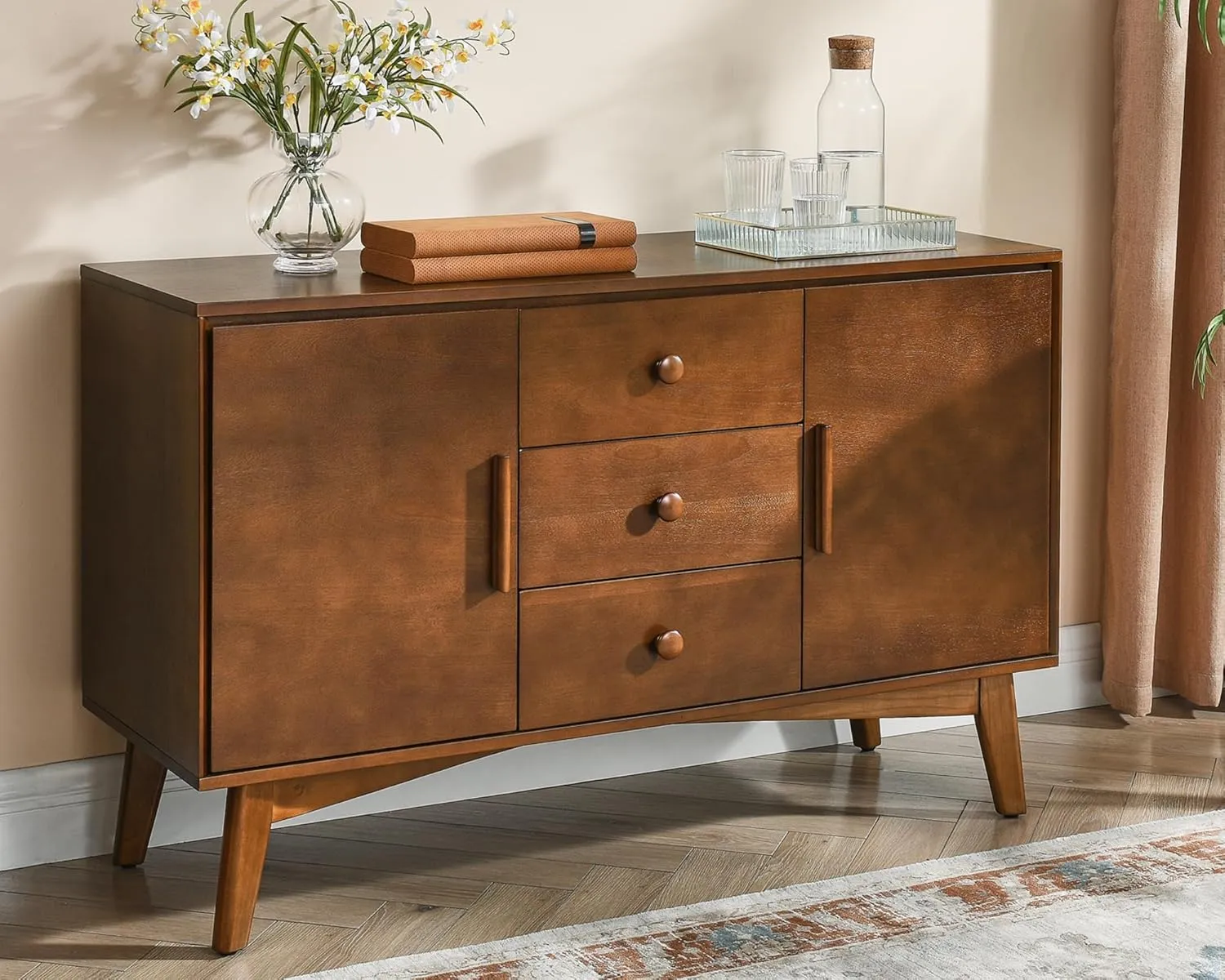 47.3" Mid Century Modern Sideboard Buffet Cabinet with Solid Wood Frame&Legs,Accent Storage Cabinet with 2 Doors and 3 Drawers for Kitchen,Entryway,Walnut