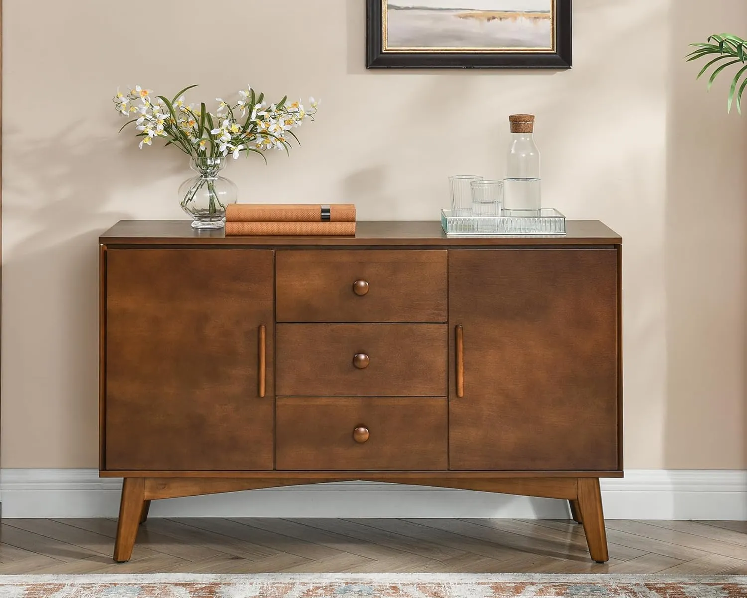 47.3" Mid Century Modern Sideboard Buffet Cabinet with Solid Wood Frame&Legs,Accent Storage Cabinet with 2 Doors and 3 Drawers for Kitchen,Entryway,Walnut