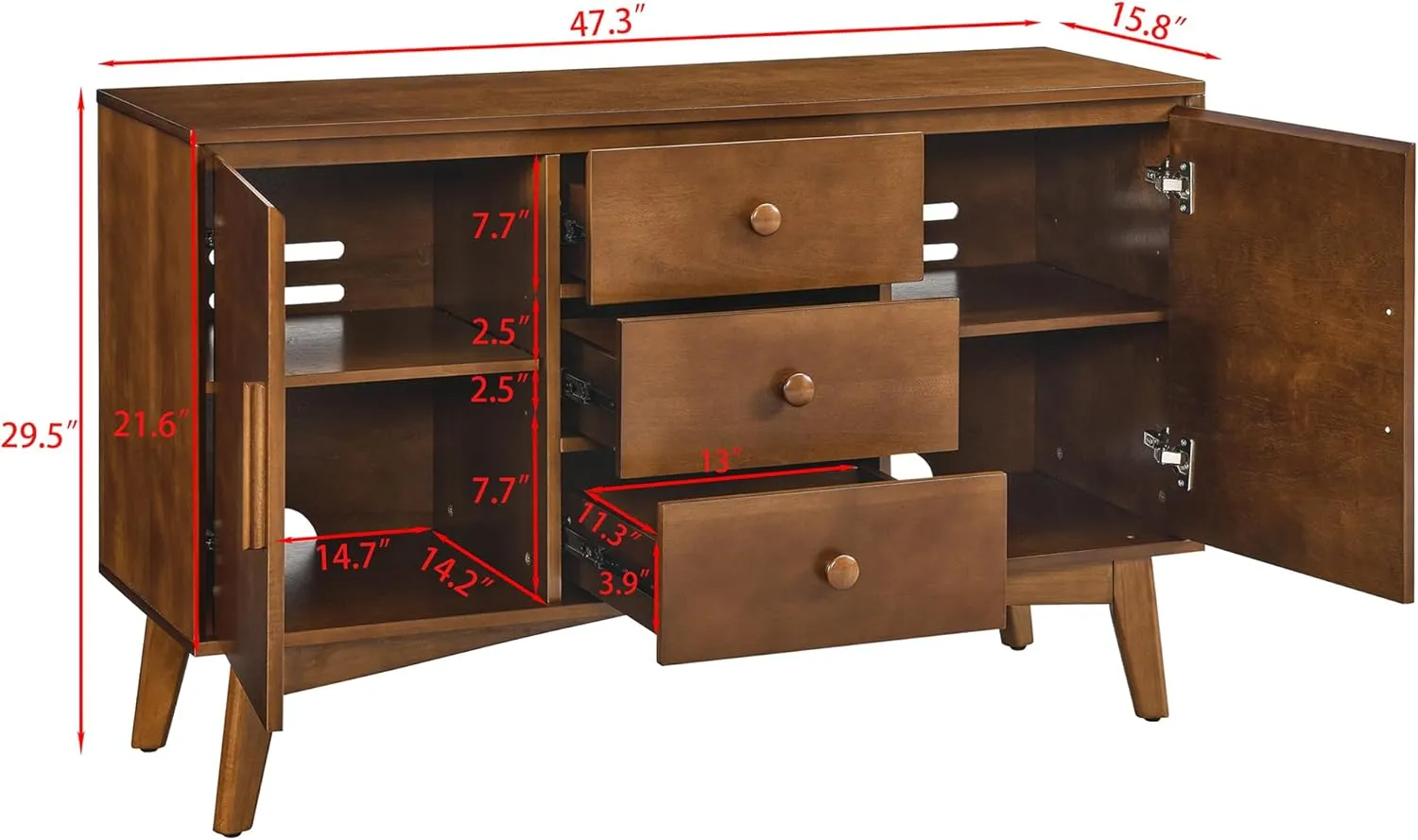 47.3" Mid Century Modern Sideboard Buffet Cabinet with Solid Wood Frame&Legs,Accent Storage Cabinet with 2 Doors and 3 Drawers for Kitchen,Entryway,Walnut