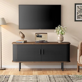 47''W Storage Cabinet, Fluted Sideboard Buffet Cabinet with Storage, Console Table Credenza with Tambour Slatted Sliding Doors and Shelves, Modern TV Stand for Living Room, Kitchen, Entryway, Black