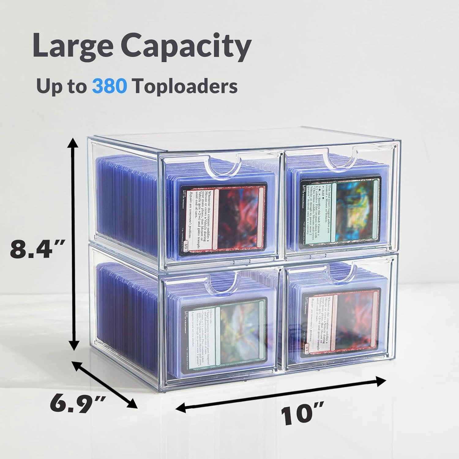 4 Drawer Trading Card Storage Box for Toploader & Magnetics, Clear Card Organizer with Divider for TCG, MTG, Sports Cards, Holds 380  Top Loaders