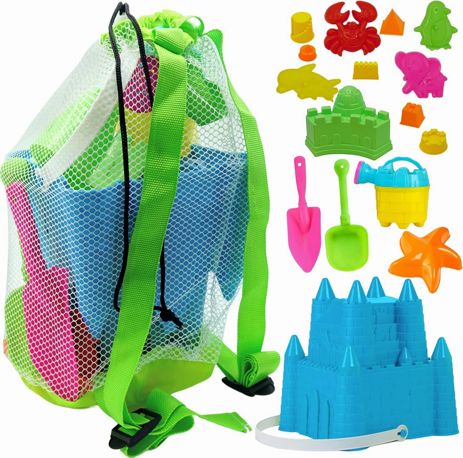 4E's Novelty Beach Toys for Kids with Bag (17 Pcs Set) Castle Beach Bucket with Shovels & Molds - Sand Toys for Toddlers with Mesh Beach Bag Backpack, Easter Basket Stuffer