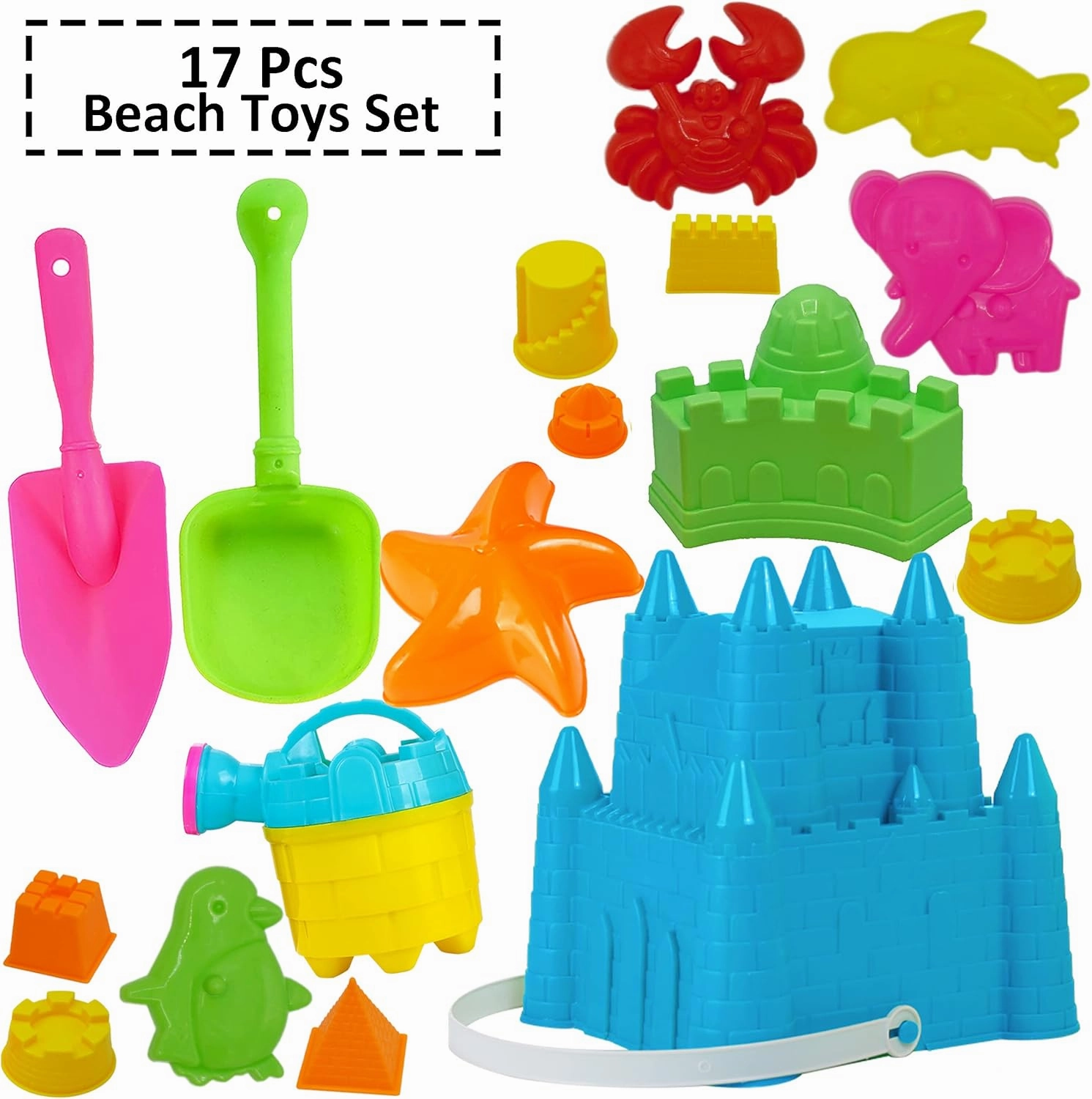 4E's Novelty Beach Toys for Kids with Bag (17 Pcs Set) Castle Beach Bucket with Shovels & Molds - Sand Toys for Toddlers with Mesh Beach Bag Backpack, Easter Basket Stuffer