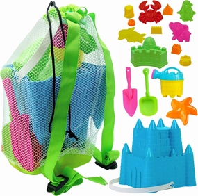 4E's Novelty Beach Toys for Kids with Bag (17 Pcs Set) Castle Beach Bucket with Shovels & Molds - Sand Toys for Toddlers with Mesh Beach Bag Backpack, Easter Basket Stuffer
