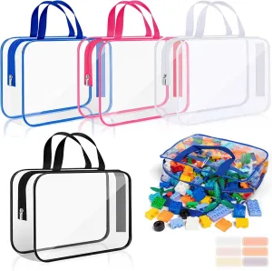 4Pack Large Clear Toy Storage Bags PVC Organizers Toy Bags with Labels, Reusable Travel Waterproof Organizer with Zipper for Building Blocks Puzzle Kids Books（4 Colors）