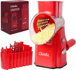 5-in-1 Interchangeable Blades Rotary Cheese Grater Hand Crank, Cheese Shredder Mandoline Vegetable Julienne Slicer Cutter Nut Chopper with Anti-Slip Base, Blade Storage （Red)