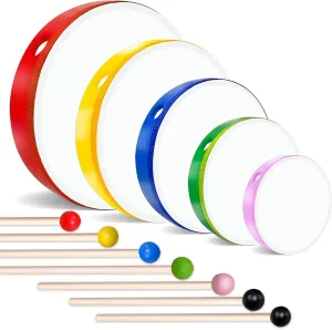 5 Pcs Kids Hand Drums Wood Frame Drum Set with Drum Stick 12 Inch 10 Inch 8 Inch 6 Inch 4 Inch Multicolor Percussion Musical Instruments for School Kids Adults Beginners Home Party Supplies