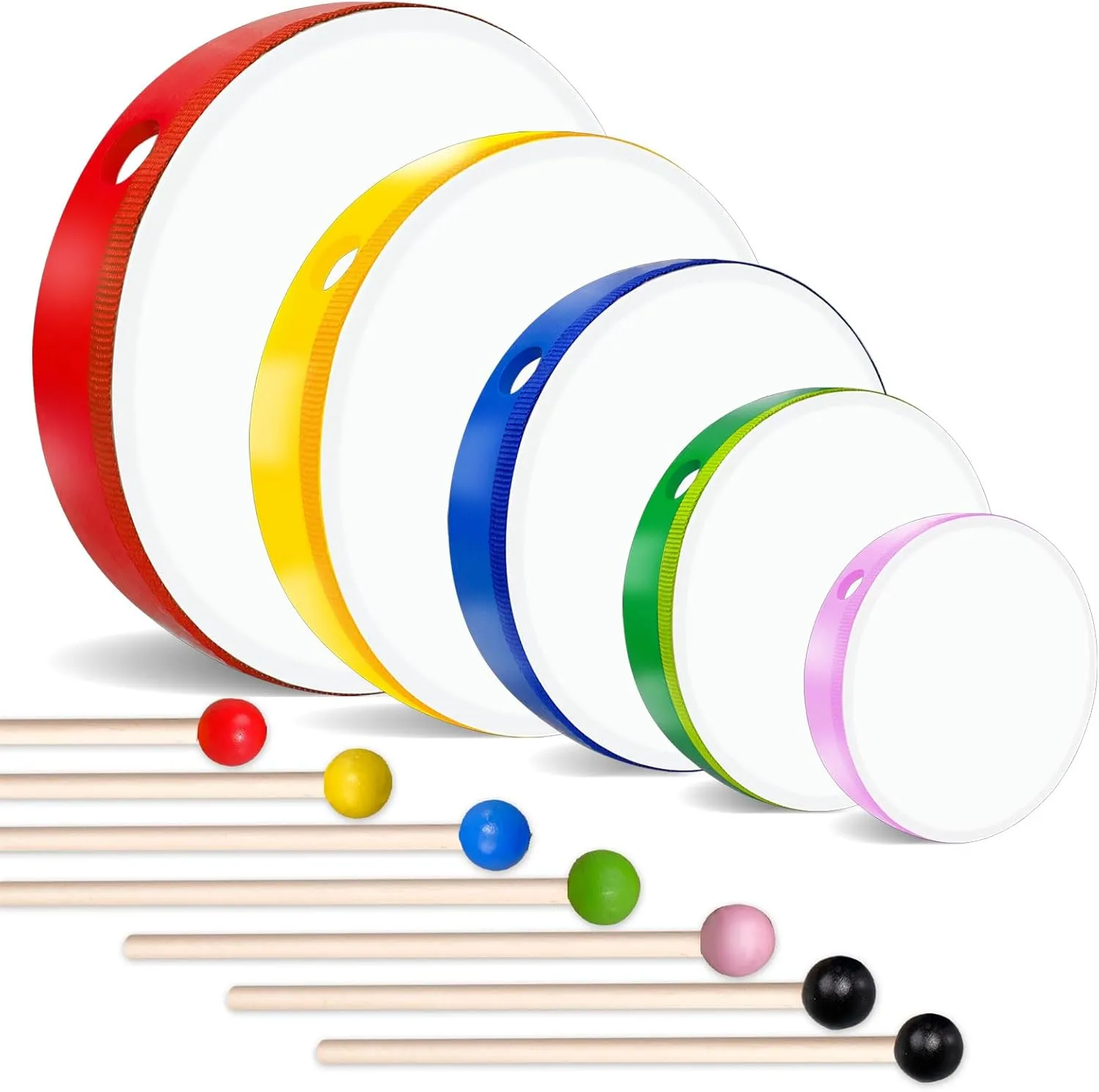 5 Pcs Kids Hand Drums Wood Frame Drum Set with Drum Stick 12 Inch 10 Inch 8 Inch 6 Inch 4 Inch Multicolor Percussion Musical Instruments for School Kids Adults Beginners Home Party Supplies
