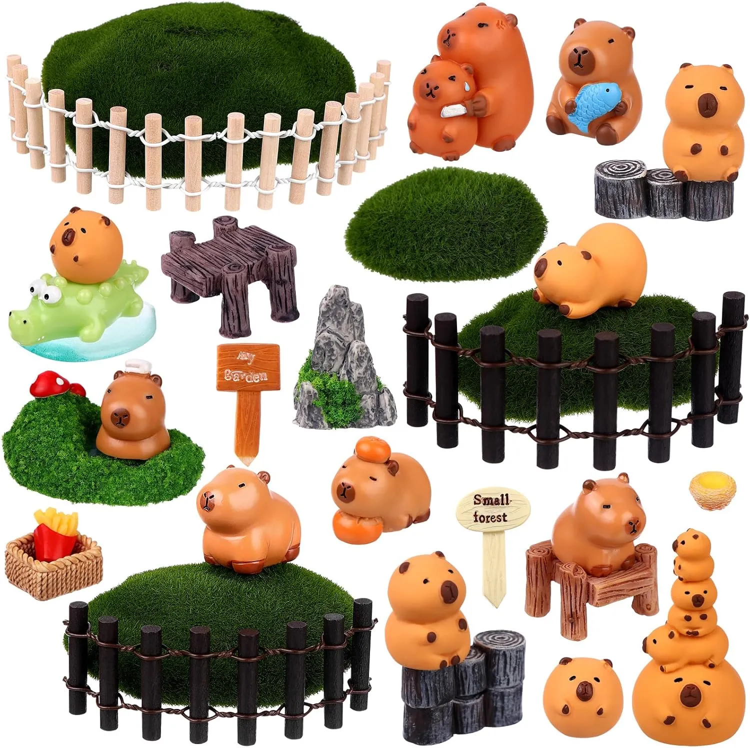 50 Pcs Mini Capybara Figures Playset Capybara Model Simulation Miniature Garden Accessories Wood Mini Fences Bridge Mountain Figurine Ornament Cake Topper for Fairy Garden Micro Landscape Decor