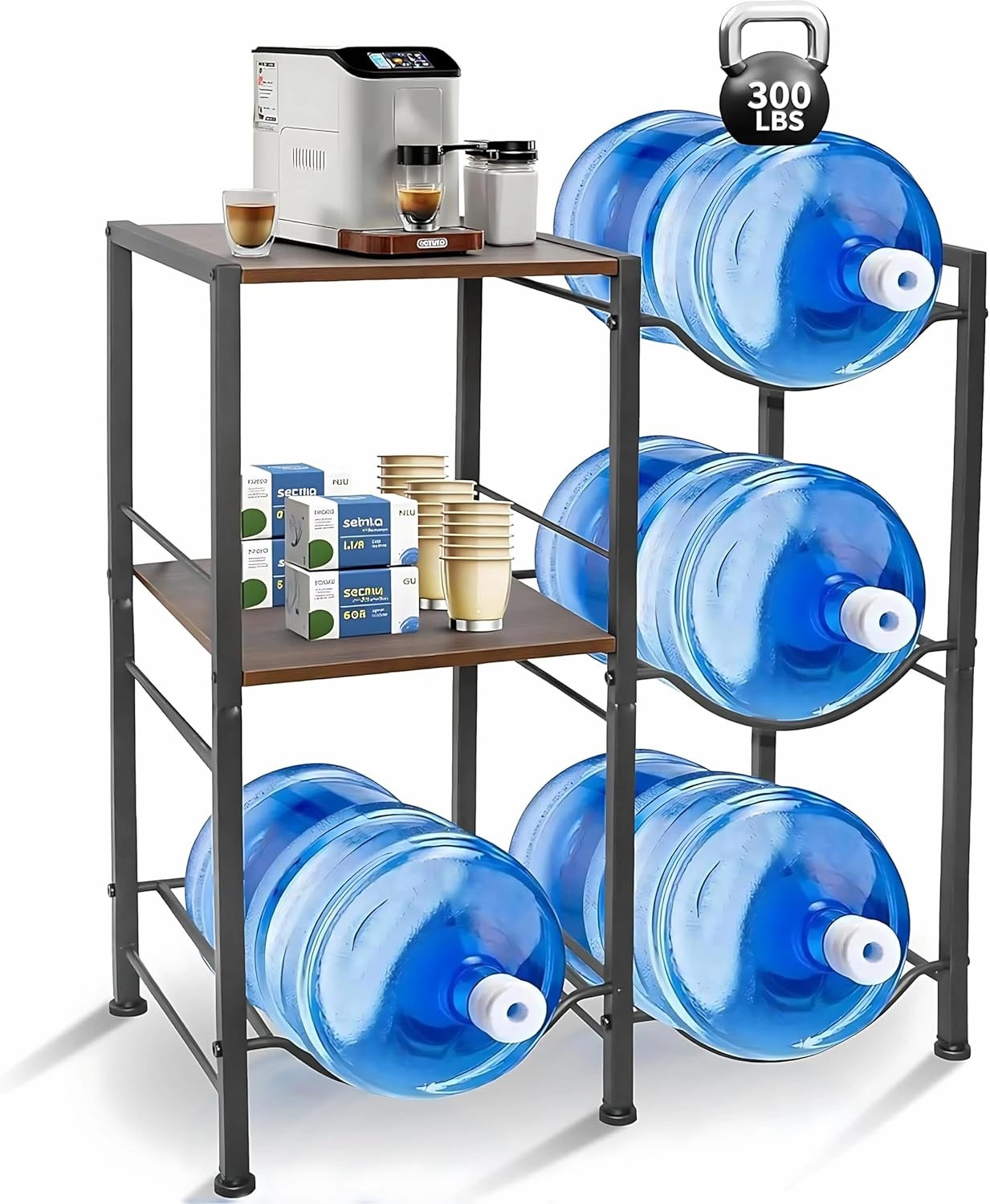 5 Gallon Water Jug Holder with Storage Shelf, 3-Tier Water Bottle Holder Organizer, Heavy Duty Water Storage Rack Water Dispenser Stand for Kitchen Office Gym (Holds 4 Five-Gallon Jugs, 300LBS)