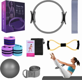 5-in-1 Pilates Training System - Adjustable Resistance Bands, Stability Ball & Exercise Ring Set, Portable Home Gym Equipment