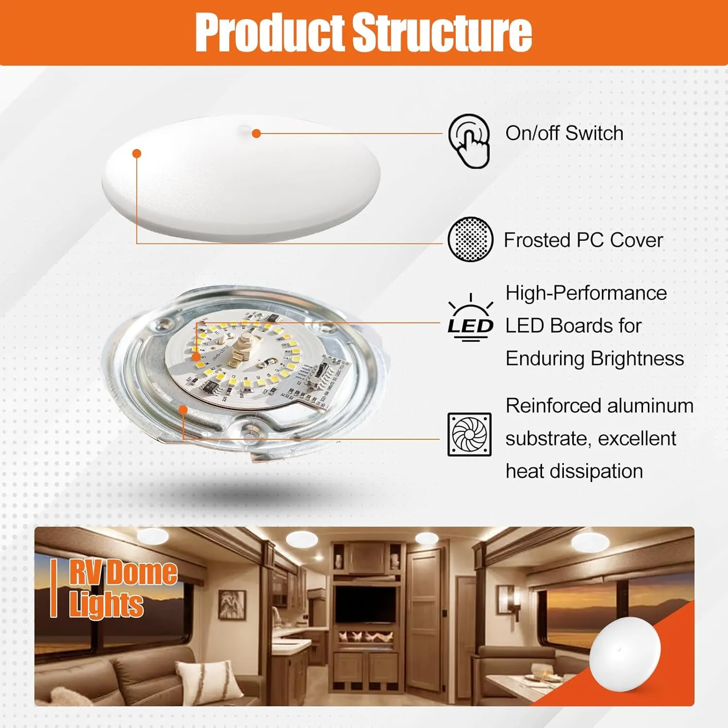 5CCT LED RV Dome Ceiling Lights, On/Off Switch, DC 12V Surface Mount Interior Puck Light for Slim Motorhome, Trailer, Boat, Camper Lighting, 5W, 2700K/3000K/3500K/4000K/5000K, 4.5 Inch, 6 Pack