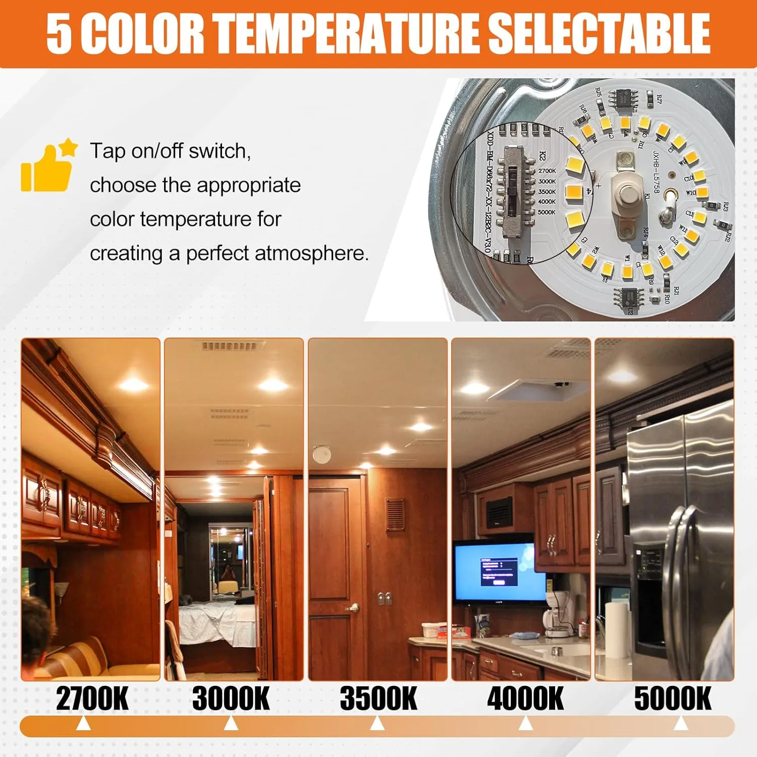5CCT LED RV Dome Ceiling Lights, On/Off Switch, DC 12V Surface Mount Interior Puck Light for Slim Motorhome, Trailer, Boat, Camper Lighting, 5W, 2700K/3000K/3500K/4000K/5000K, 4.5 Inch, 6 Pack