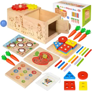 6-in-1 Montessori Toys Play Kit - Wooden Shape Sorter, Busy Board, Carrot Harvest, Color Matching - Toddler Learning Toy Gift for 1, 2, 3 Year Old Boy Girl