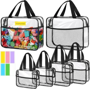 6 Pack Clear Toy Storage Bags with Zipper and Tags Reusable Waterproof Transparent PVC Toy Organizer Cases with Portable Handle for Building Blocks Puzzles Books (2 Large, 2 Medium, 2 Small)