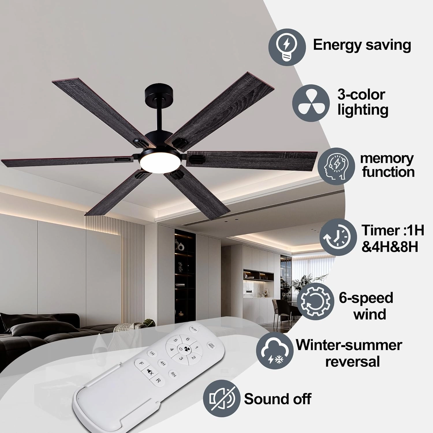 60" Smart Ceiling Fan with Light & Remote - Ultra Quiet DC Motor, Reversible Black/Walnut Blades, 3-Color Dimmable LED, Modern Low Profile Design for Bedroom & Living Room