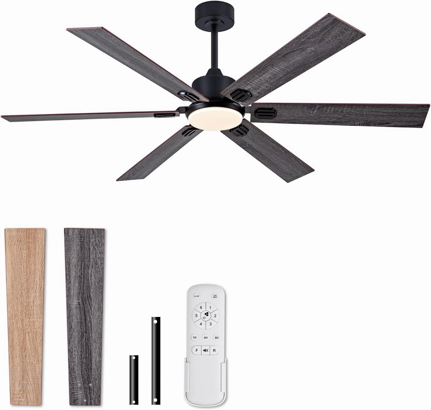 60" Smart Ceiling Fan with Light & Remote - Ultra Quiet DC Motor, Reversible Black/Walnut Blades, 3-Color Dimmable LED, Modern Low Profile Design for Bedroom & Living Room