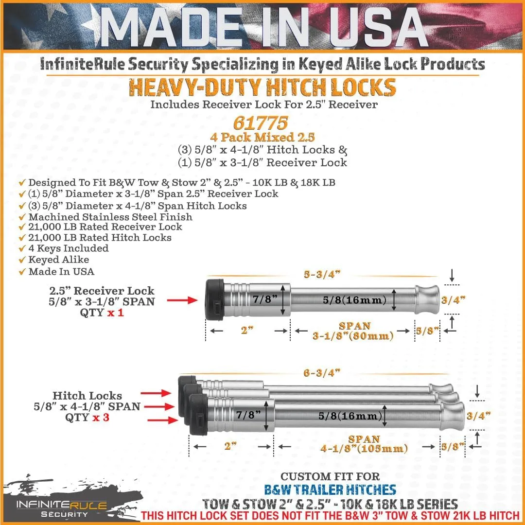 61775 | 4 Pack Mixed 2.5, Keyed Alike, Hitch Locks Compatible with B&W 2" & 2.5" Tow & Stow 10K LB & 18K LB - Includes Receiver Lock for 2.0" Or 2.5" Receiver