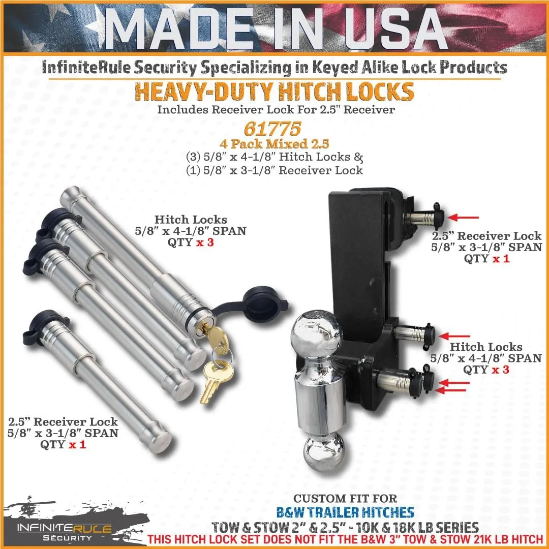 61775 | 4 Pack Mixed 2.5, Keyed Alike, Hitch Locks Compatible with B&W 2" & 2.5" Tow & Stow 10K LB & 18K LB - Includes Receiver Lock for 2.0" Or 2.5" Receiver