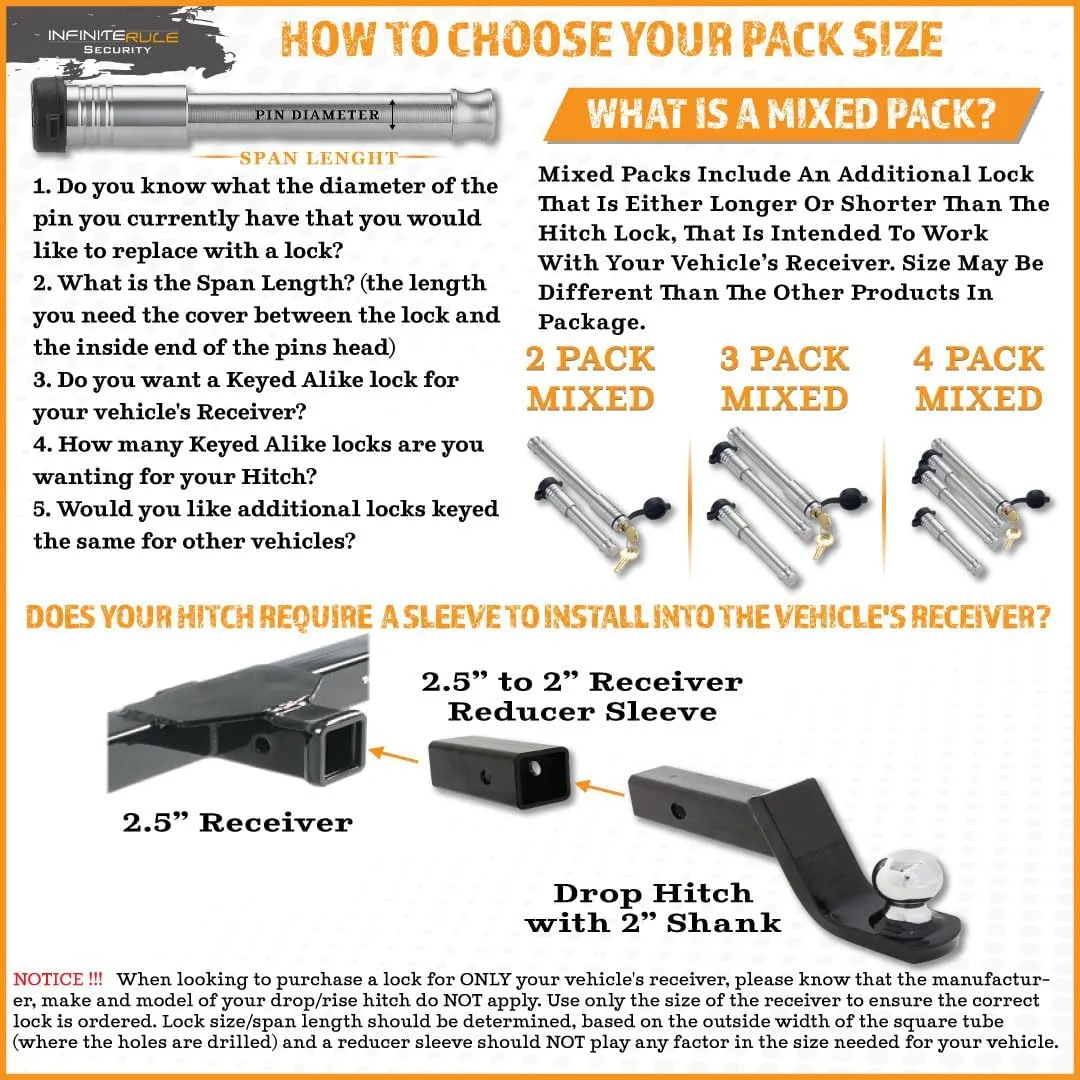 61775 | 4 Pack Mixed 2.5, Keyed Alike, Hitch Locks Compatible with B&W 2" & 2.5" Tow & Stow 10K LB & 18K LB - Includes Receiver Lock for 2.0" Or 2.5" Receiver