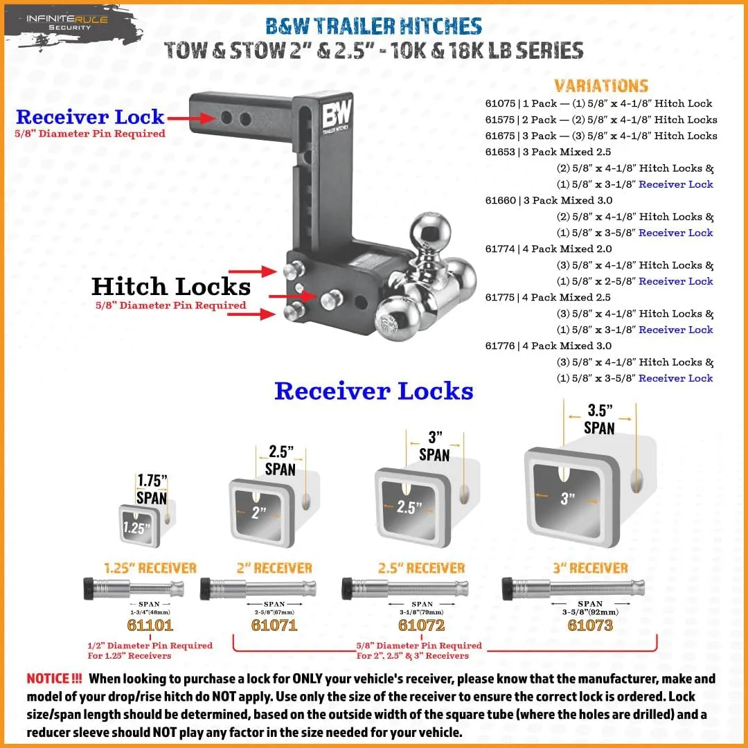 61775 | 4 Pack Mixed 2.5, Keyed Alike, Hitch Locks Compatible with B&W 2" & 2.5" Tow & Stow 10K LB & 18K LB - Includes Receiver Lock for 2.0" Or 2.5" Receiver