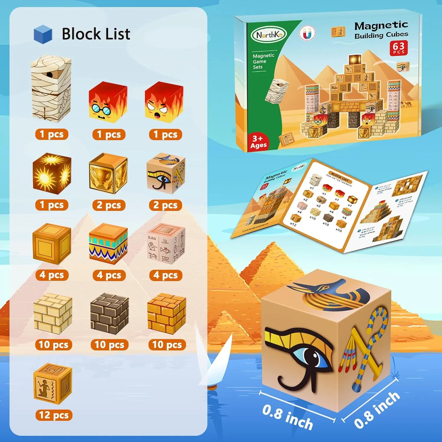 63 PCS Magnetic Building Blocks - 0.8" Stacking Magnets Cubes Toddler STEM Educational Kids Toys Game, Birthday Gifts for Boys and Girls Age 3-5 4-6 5-7 6-8 Years Old - Desert World Set