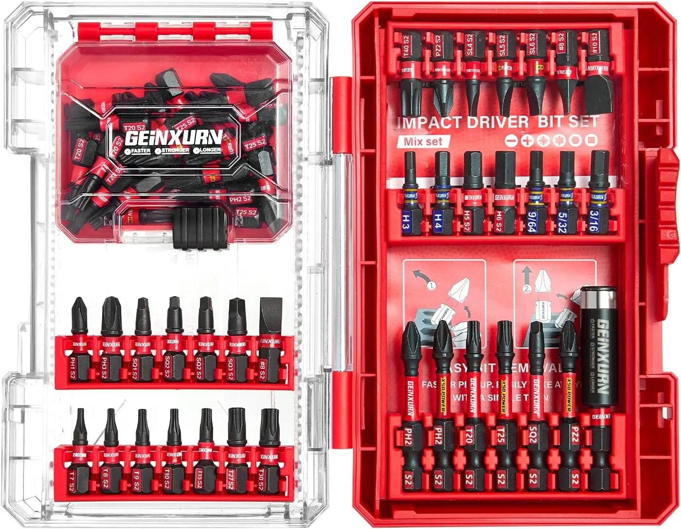 65Pieces Impact Screwdriver Bits Set, Magnetic S2 Steel Phillips/Slotted/Square/Torx Insert Power Bits Tips, Impact Bit Holder with Red Storage Box Case