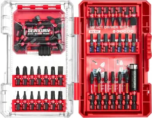 65Pieces Impact Screwdriver Bits Set, Magnetic S2 Steel Phillips/Slotted/Square/Torx Insert Power Bits Tips, Impact Bit Holder with Red Storage Box Case