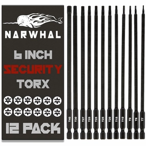 6" Long Torx Bit Set (12 Pack of Drill Bits with Case) Security Tamper Proof Star Design in T7, T8, T9, T10, T15, T20, T25 x 3, T27, T30, and T40