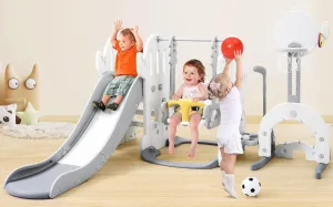 7-In-1 Toddler Slide and Swing Set, Indoor Outdoor Playground With Freestanding Slide, Basketball Hoop, Climber, Adjustable Swing, Ring Toss, Soccer and Golf, Cactus Slide Playset for Age 1-3