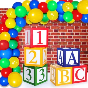 75 Pcs Abc Friend Street Party Set Colorful Boxes Balloons Arch Garland Kit Red Brick Wall Party Backdrop for Abc Friend Street Party Birthday Baby Shower Decor Supplies