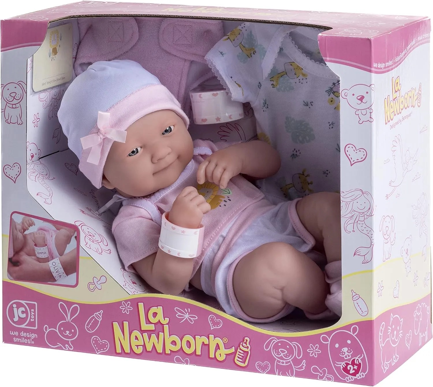 8 piece Layette Baby Doll Gift Set | JC Toys - La Newborn Nursery | 14" Life-Like Smiling Doll w/ Accessories | Pink | Ages 2 , Pink Smiling