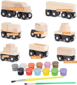 8 Unpainted Train Cars with 12 Colors Paint and Paint Brushes Set for Wooden Railway Compatible with Thomas, Chuggington, Brio, for Birthday Party Train Theme